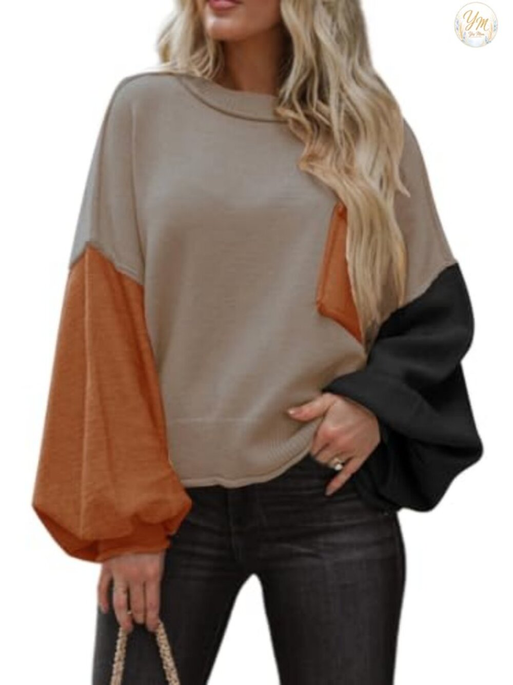 Ribbed Knit Lantern Sleeve Pullover Sweater Rolled Edge Bust Pocket